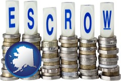 alaska map icon and the concept of escrow, with coins
