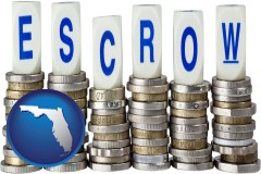 florida map icon and the concept of escrow, with coins
