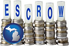 michigan map icon and the concept of escrow, with coins