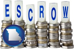 missouri map icon and the concept of escrow, with coins