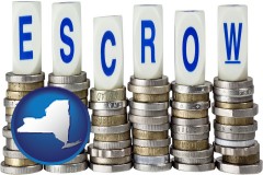 new-york map icon and the concept of escrow, with coins