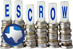 texas map icon and the concept of escrow, with coins